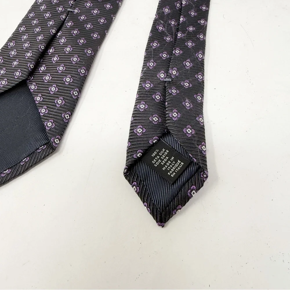 ERMENEGILDO ZEGNA Men’s Charcoal Gray Purple Geometric Weave Tie Made In Italy